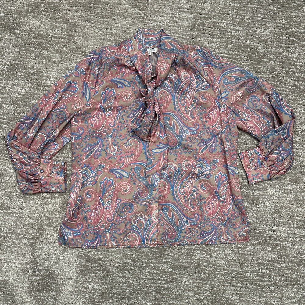 VTG Brownstone Studio Blouse Womens 20 Purple Paisley 70s 80s Tie Neck Secretary